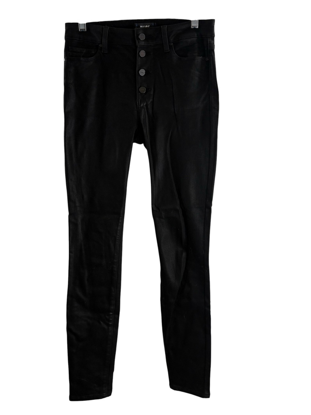 PAIGE Black Button-Fly Coated Denim Skinny Jeans $190